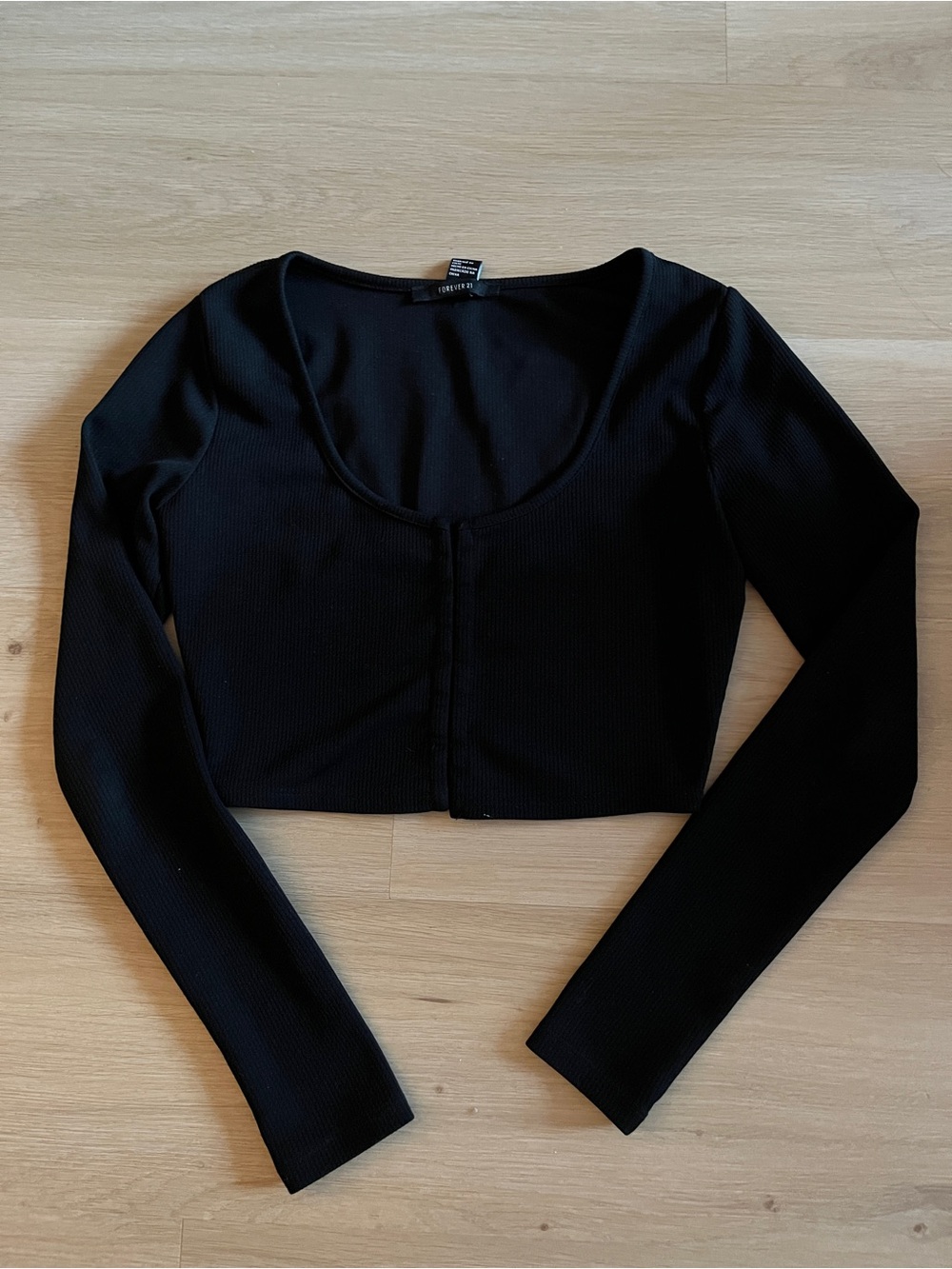Forever 21 Black Ribbed Cropped Long-Sleeve Scoop Neck Top